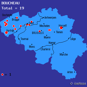 Verspreiding naam Boucneau volgens Geonome